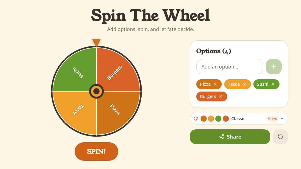 The My Food Fate meal decision wheel with Pizza, Tacos, Sushi and Burgers as options